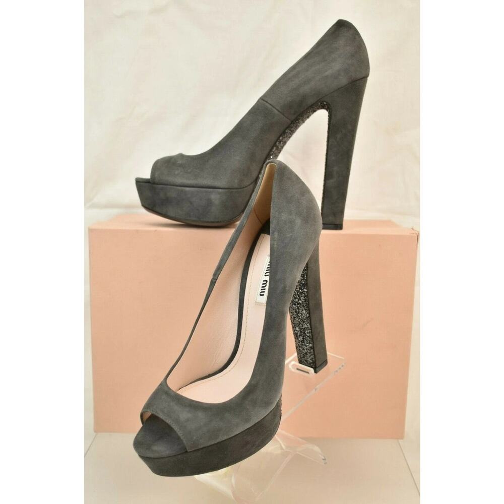 MIU MIU PRADA 5KP219 GRAY SUEDE PEEP TOE GLITTER SOLE HIGH HEEL PUMPS 40